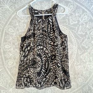 ANN TAYLOR SLEEVELESS SHIRT TOP HALTER BLACK WHITE PRINT 6P 6 PETITE 0129